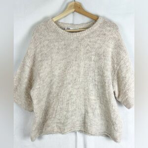 ZARA 50% Alpaca‎ Short Sleeve Knit Sweater Size Medium Boxy Cream Pink Soft
